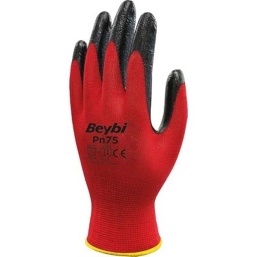 Beybi PN75 Kırmızı Polyester Örme Nitril Eldiven